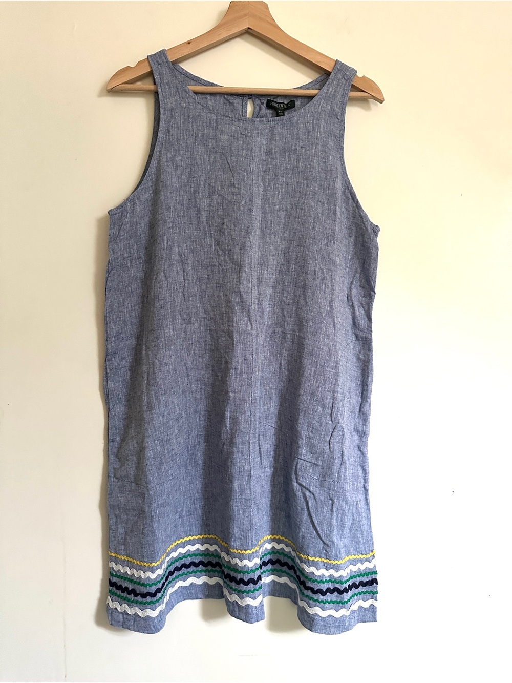 NWT For Cynthia Blue Sleeveless Linen-Blend Shift Dress with Rickrack Hem